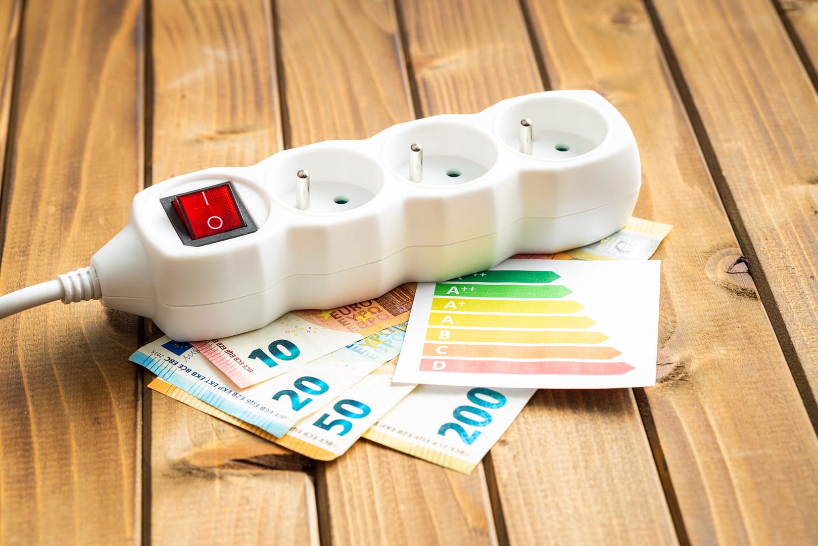 multiprise au-dessus de billets et de l'echelle de classification de consommation énergie