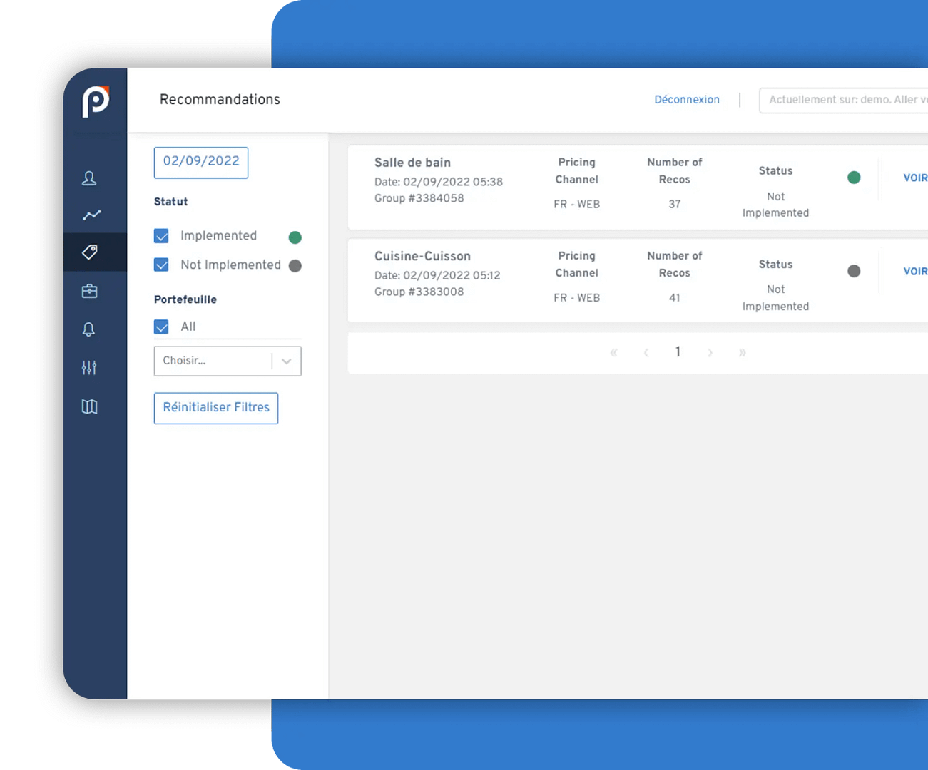 la solution de pricing a une interface montrant les résultats de tests sur l'elasticité prix