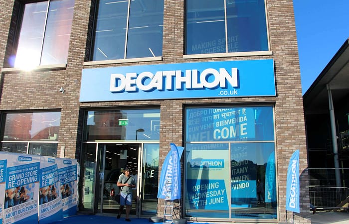 View of the entrance to a Décathlon store in UK